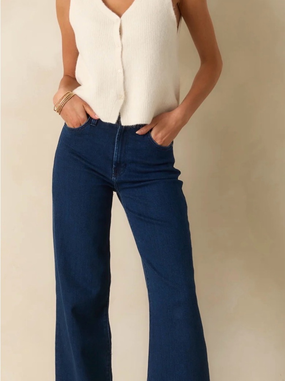 V-Neck Button Front Knit Vest in Cream Medium